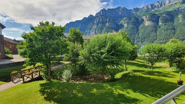 Un jardín bien cuidado con un puente de madera, césped verde exuberante y árboles.