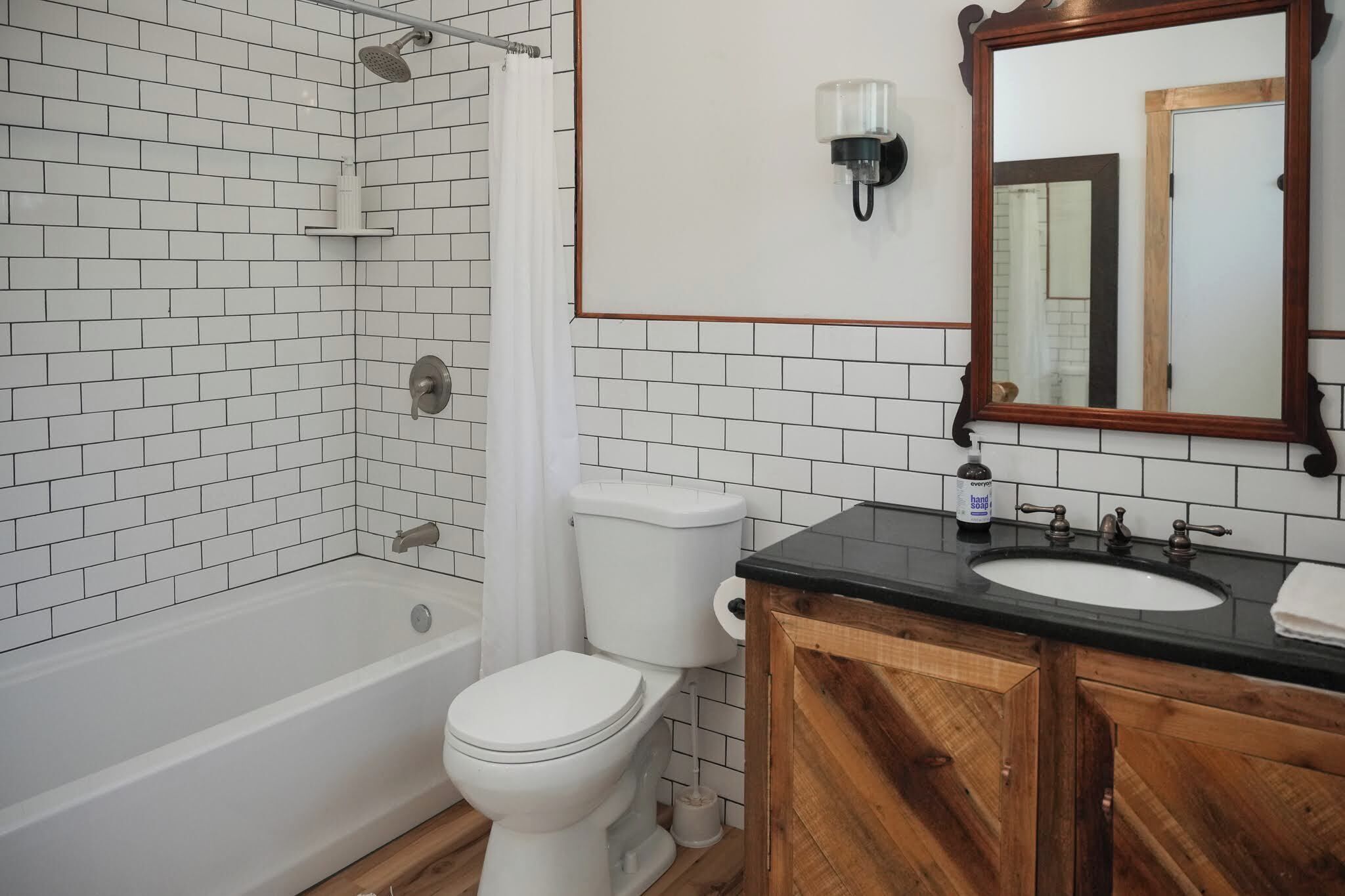 Hair dryer, towels, soap, toilet paper