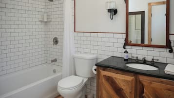 Hair dryer, towels, soap, toilet paper