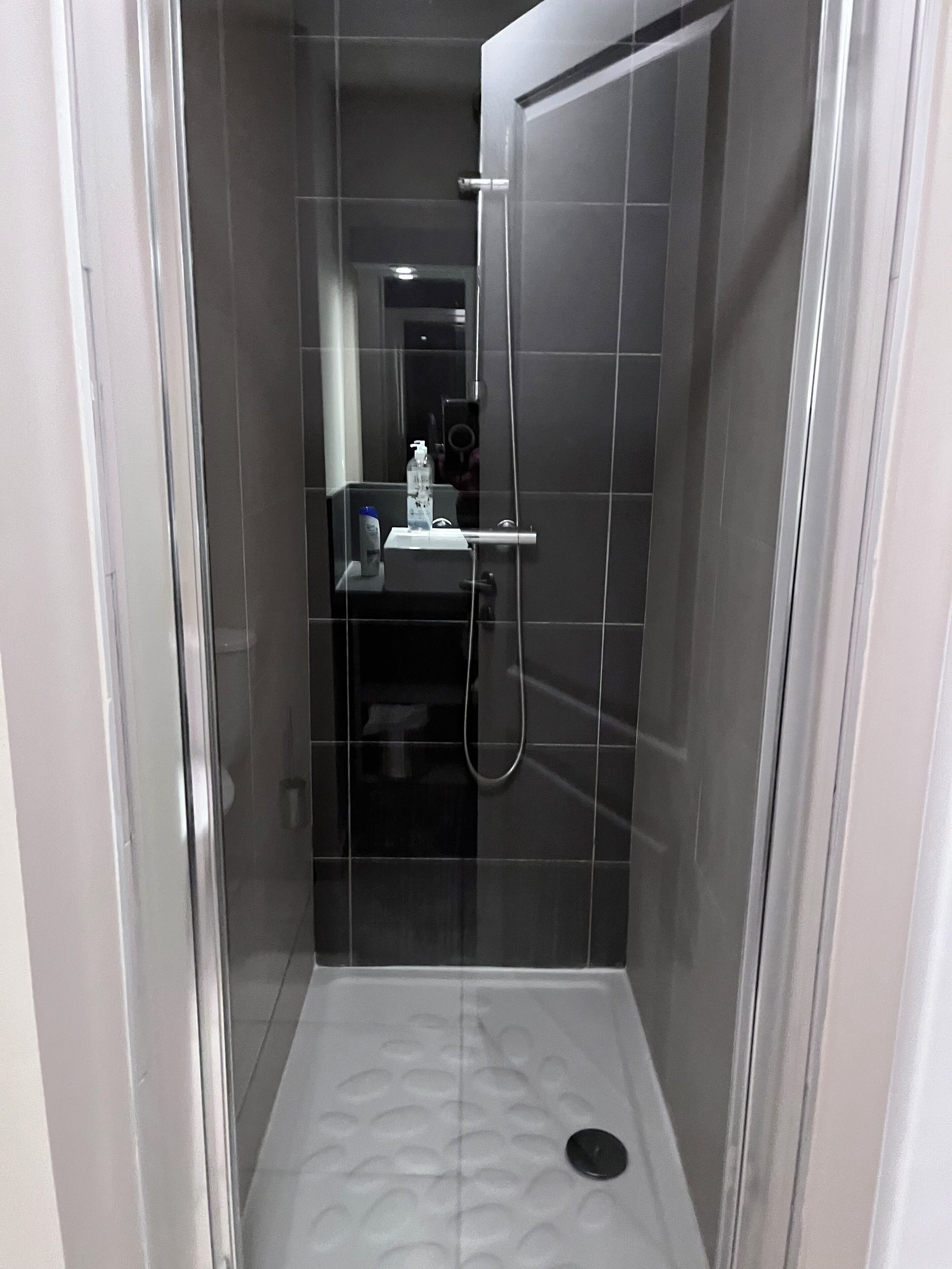 Eine moderne Duschkabine mit Glastür, einer Handbrause und einem kleinen Ablagebrett für Toilettenartikel.