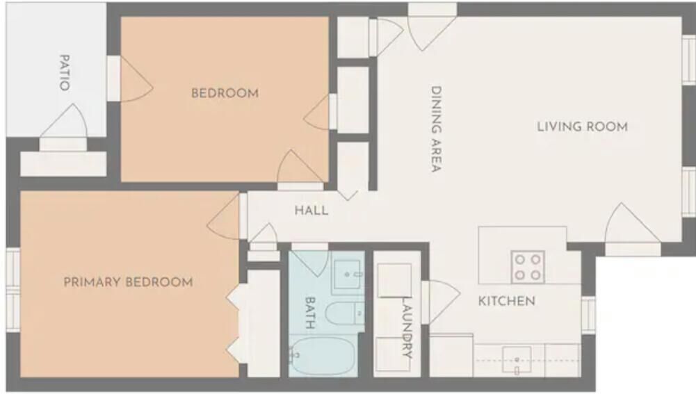 Un plan d’étage comprenant une chambre principale, une chambre d’appoint, un coin repas, un salon, une cuisine, une salle de bain et un patio.