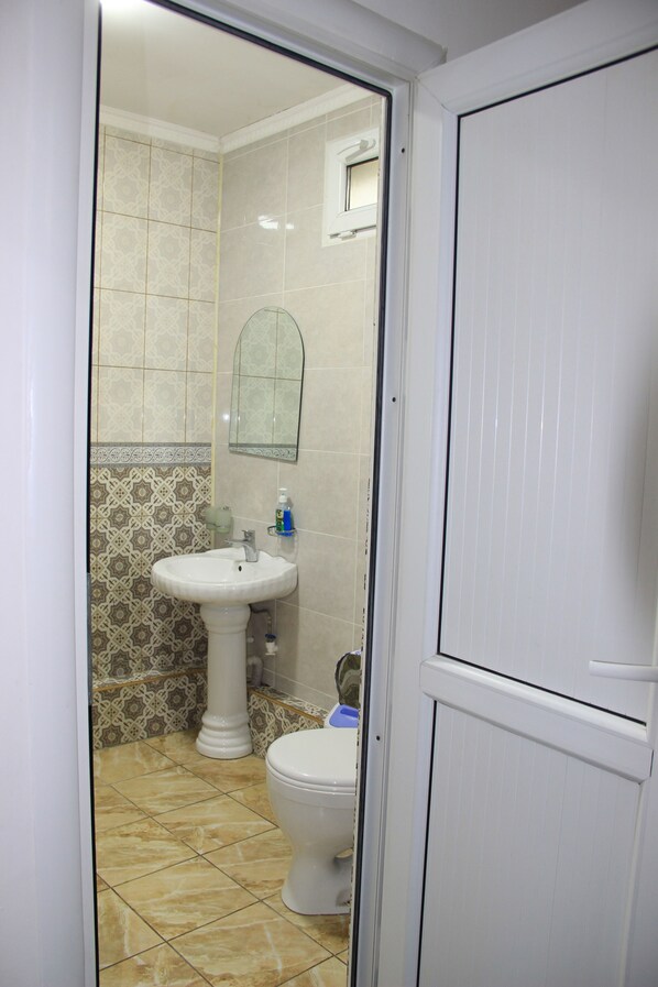 A bathroom with a white sink, a toilet, and a mirror on the wall.