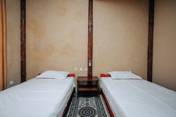 A room with two single beds, a wooden table, and a patterned rug.