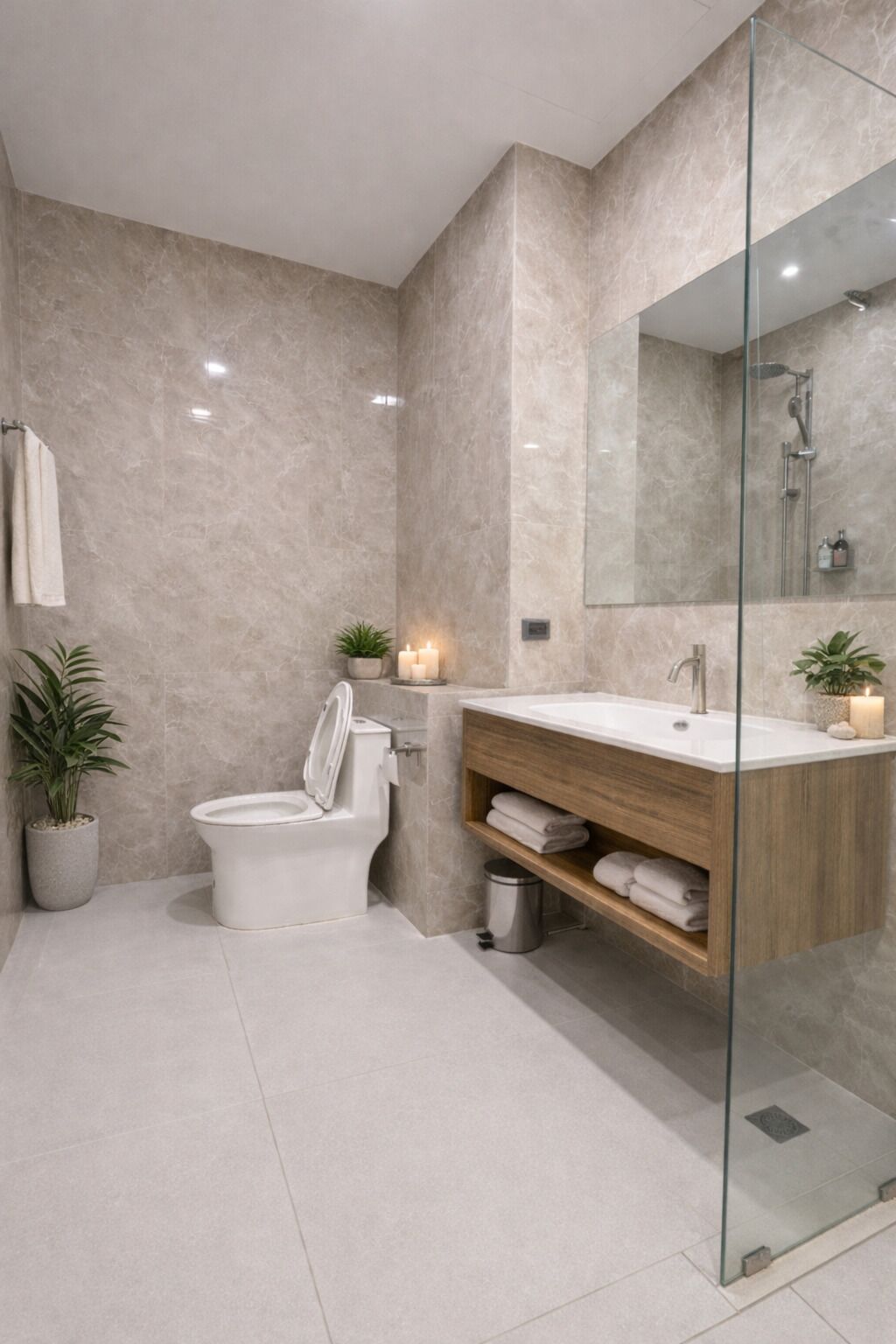 A modern bathroom with a toilet, sink, and shower.
