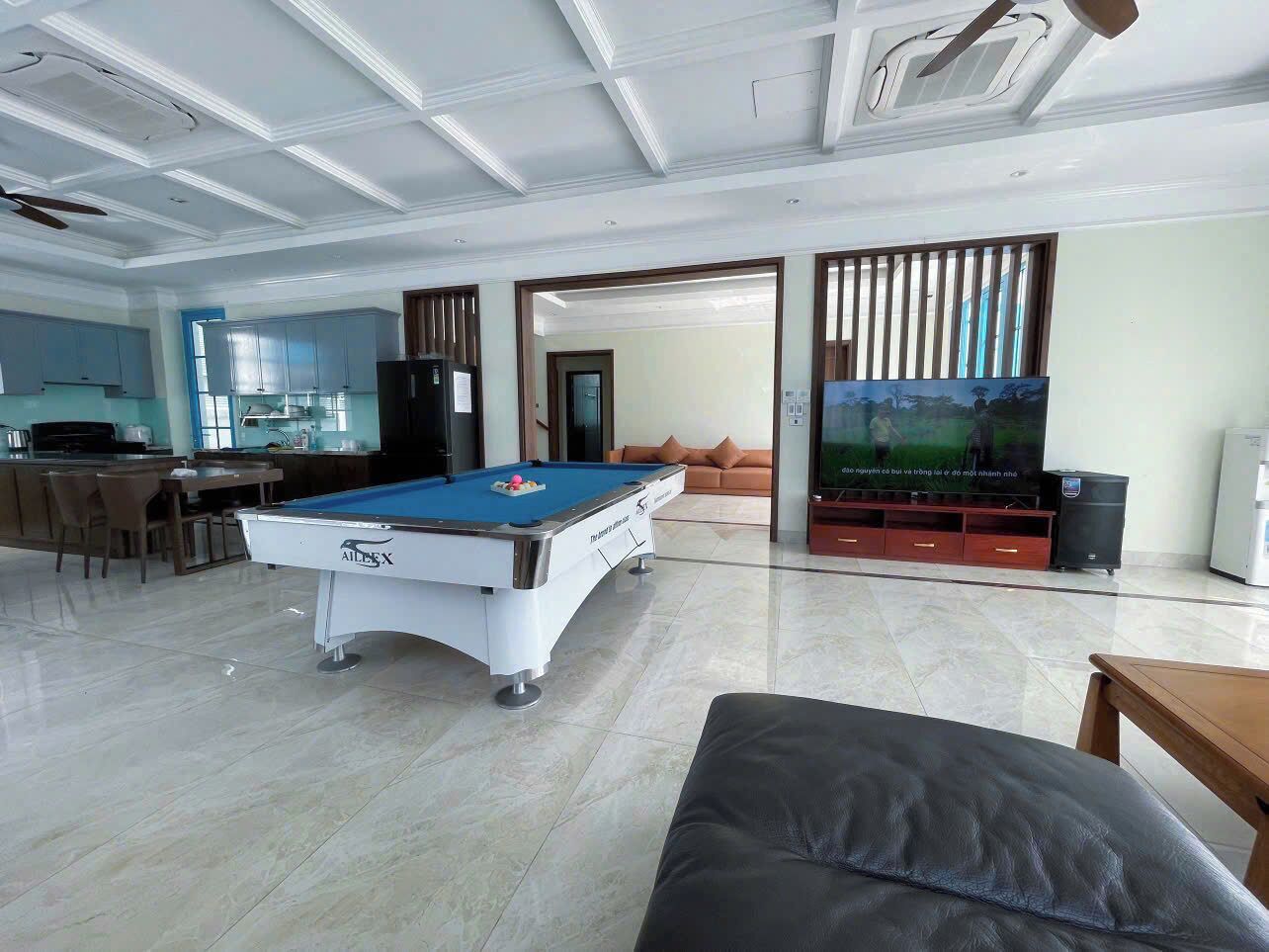 A spacious living area with a pool table, a sofa, a TV, and a kitchen area.