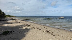 Ein Strand mit einer hölzernen Pier, die sich ins Wasser erstreckt, einem sandigen Ufer mit etwas Vegetation und einem klaren Himmel.
