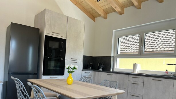 A modern kitchen with a dining table, chairs, a refrigerator, oven, and a window with a view.