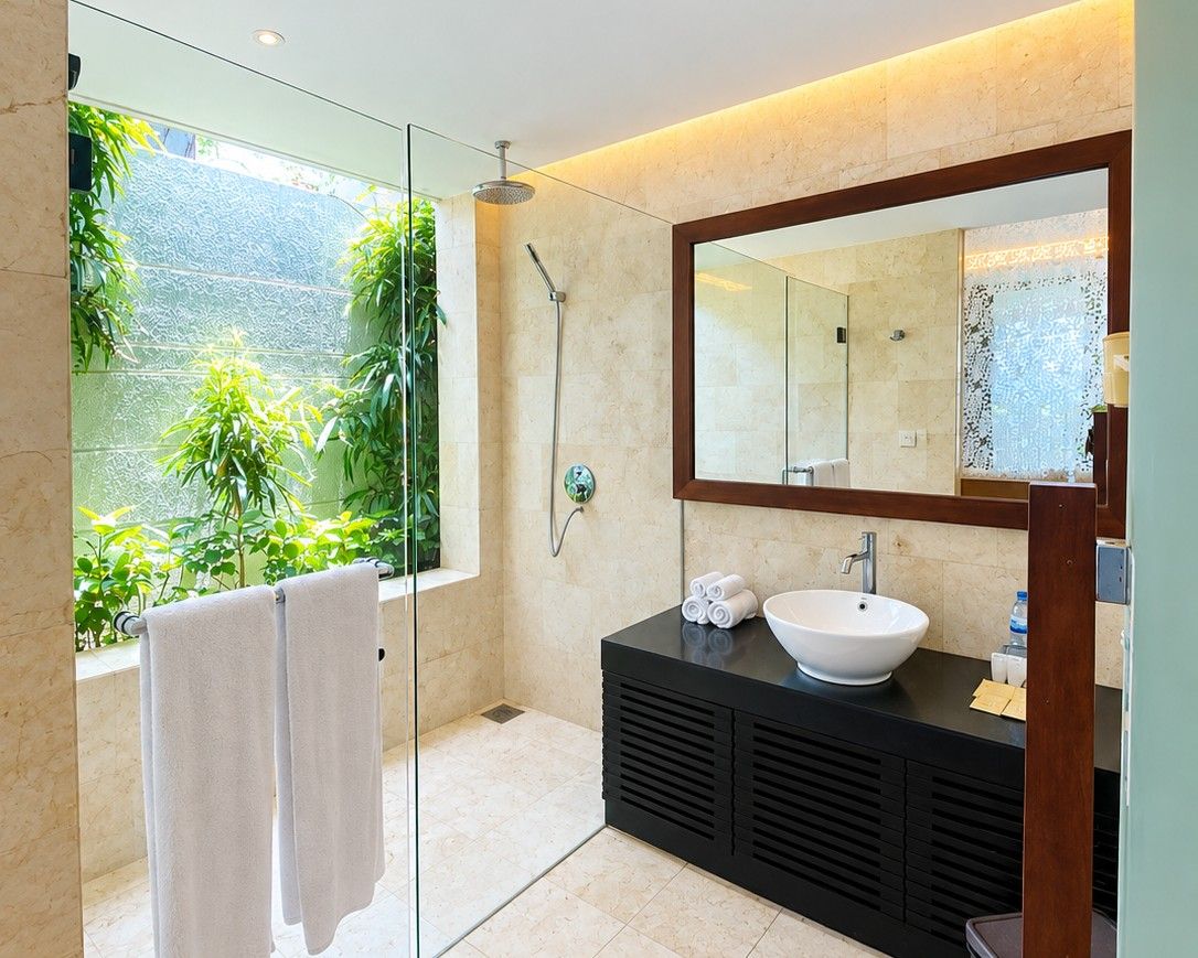 Une salle de bain moderne avec une douche à l’italienne en verre, un grand miroir, un meuble-lavabo noir avec un vasque blanche et une vue sur la verdure à l’extérieur.