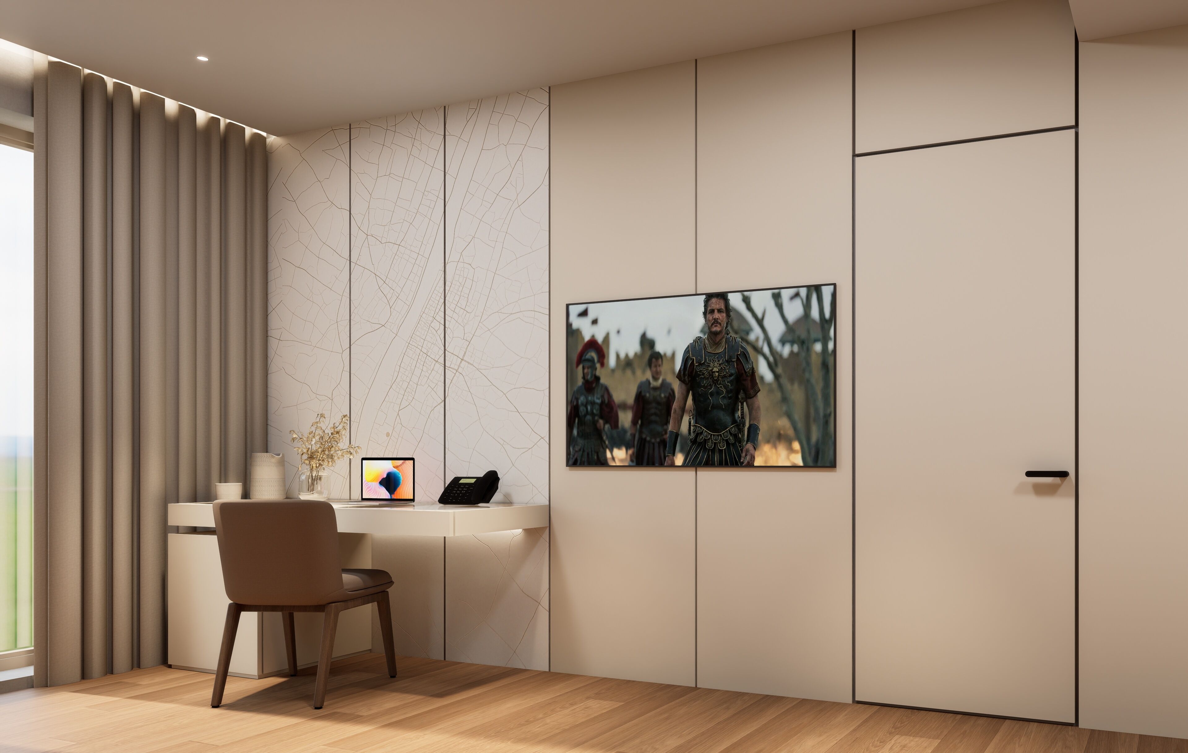 A modern room with a desk, chair, and a large framed picture on the wall.