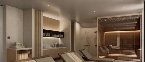 Quarto de hotel moderno com área de estar, toucador com amenities e vista para a área da piscina.