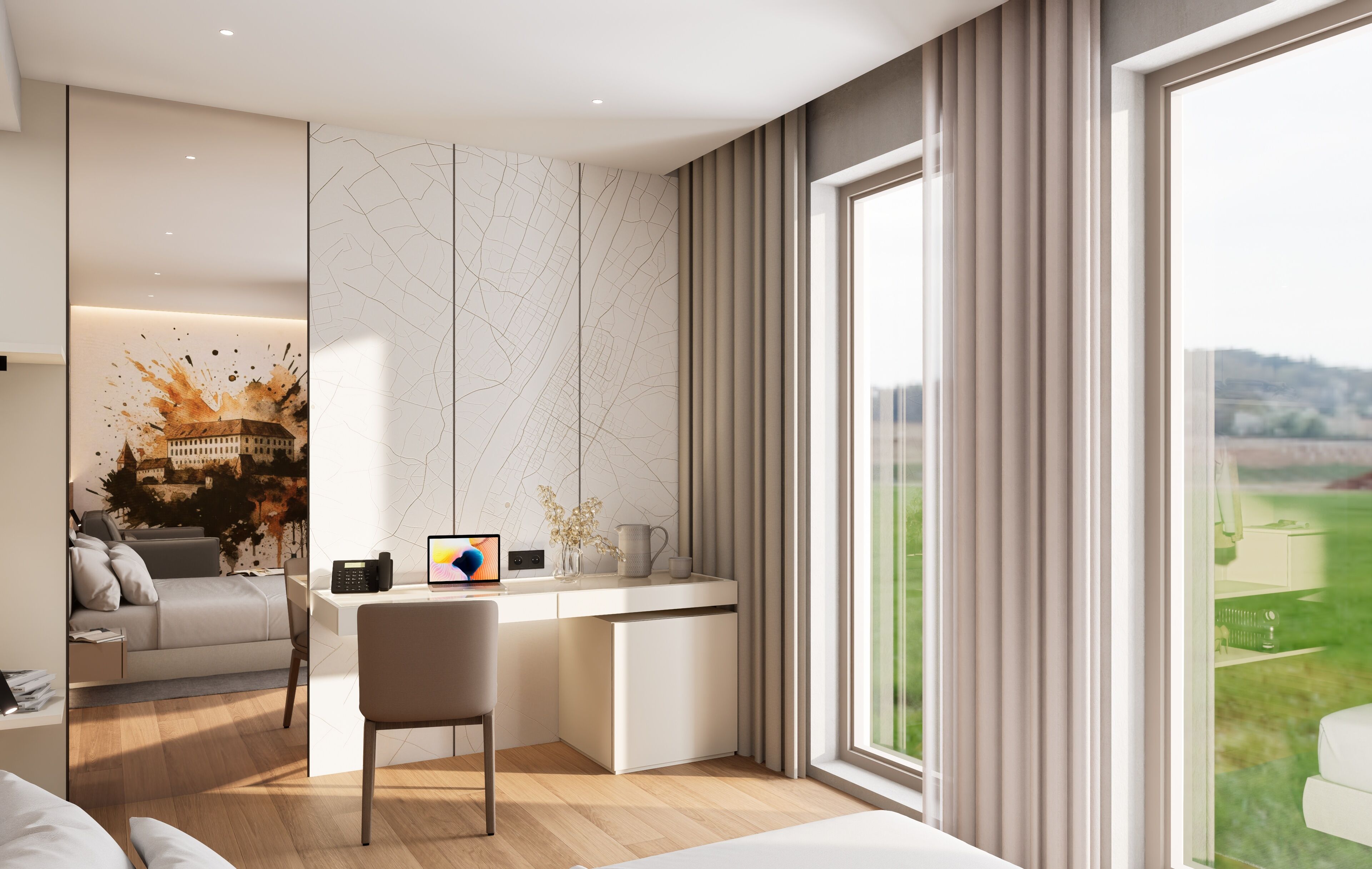 Ein modernes Hotelzimmer mit einem Bett, einem Schreibtisch und einem großen Fenster mit Vorhängen.