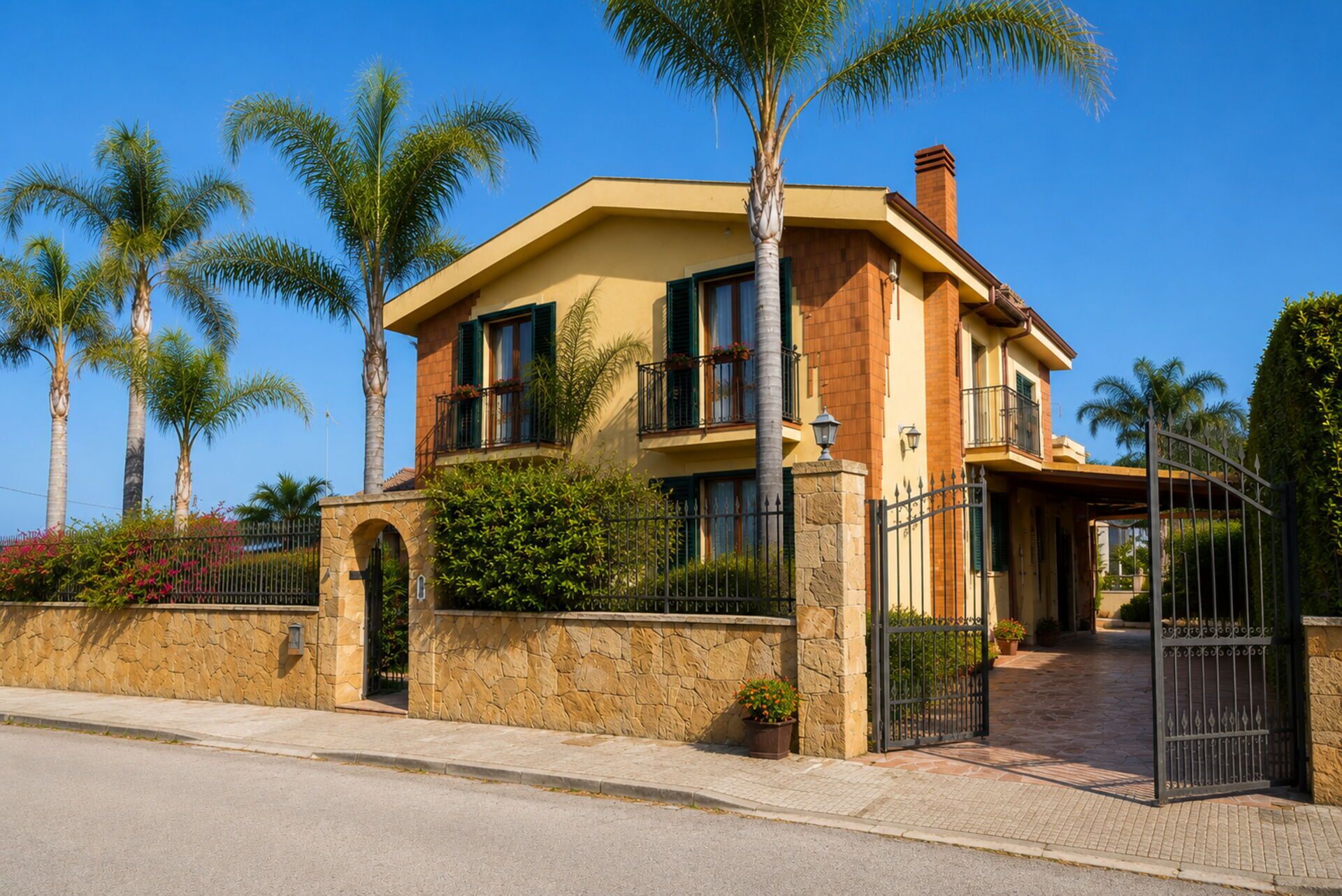 Une maison à deux étages avec une façade en pierre, un balcon doté d’une balustrade et une entrée fermée par un portail.