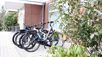 Bicycles parked outside a building with a brick wall and a metal fence.