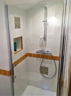 Eine Dusche mit Glastür, Duschbrause und Handbrause.
