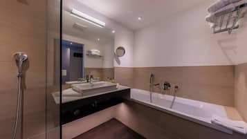 Premium Double Room, Balcony | Bathroom | Hair dryer, slippers, towels, soap