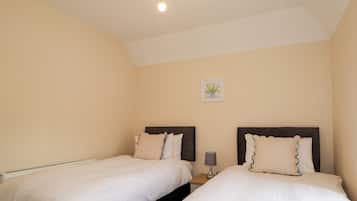 A bedroom with two beds, a nightstand with a lamp, a ceiling light, and a wall-mounted picture.