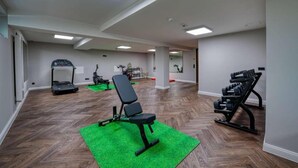 A gym with exercise equipment, a treadmill, and a green mat.