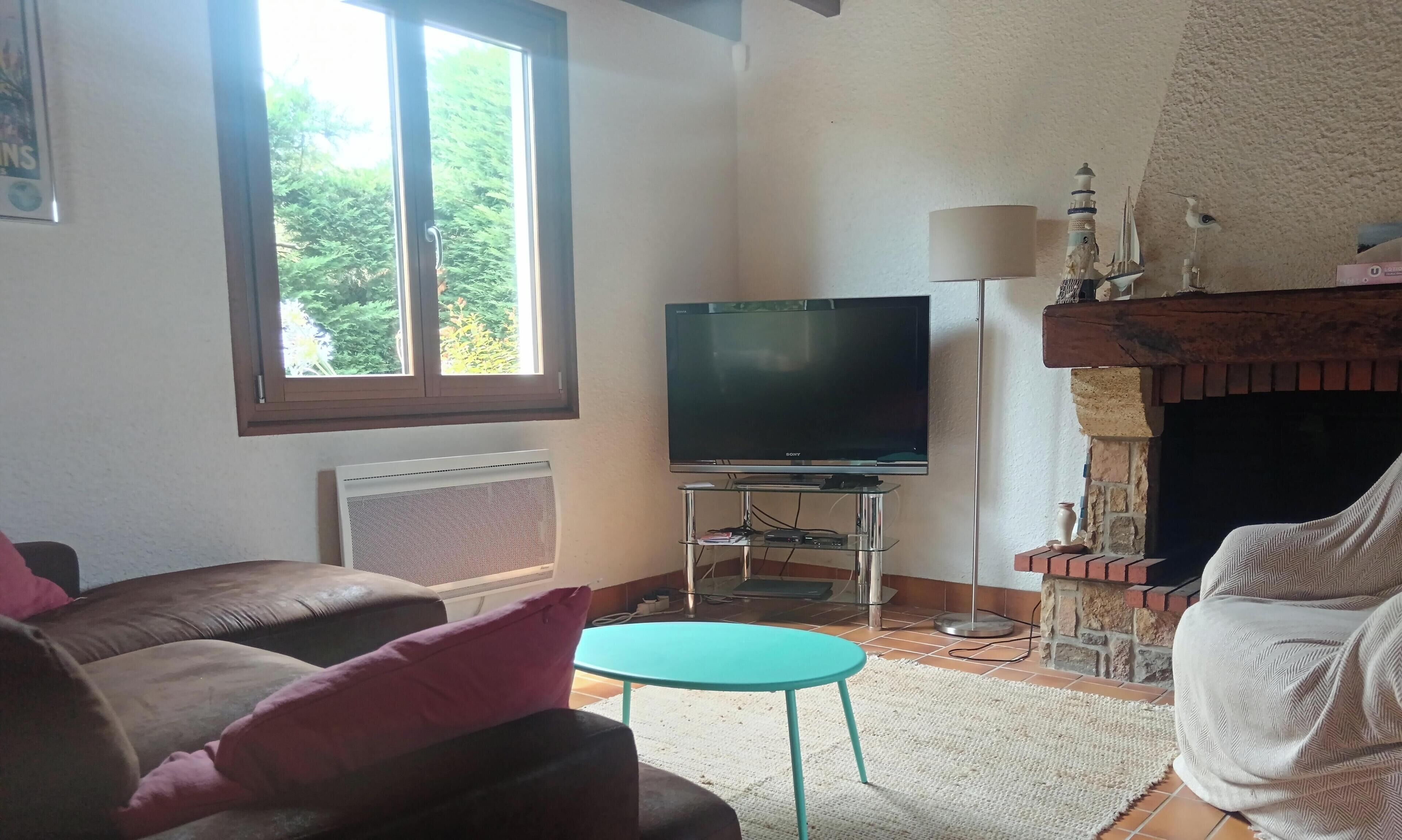 Télévision, cheminée, livres