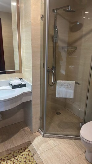 Un baño moderno con ducha envuelta en cristal, lavamanos blanco y un inodoro.