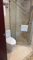 Un box de ducha con paredes de vidrio, un inodoro blanco y un perchero arriba.