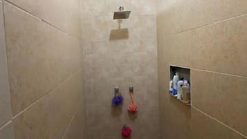 Hair dryer, towels, soap, toilet paper