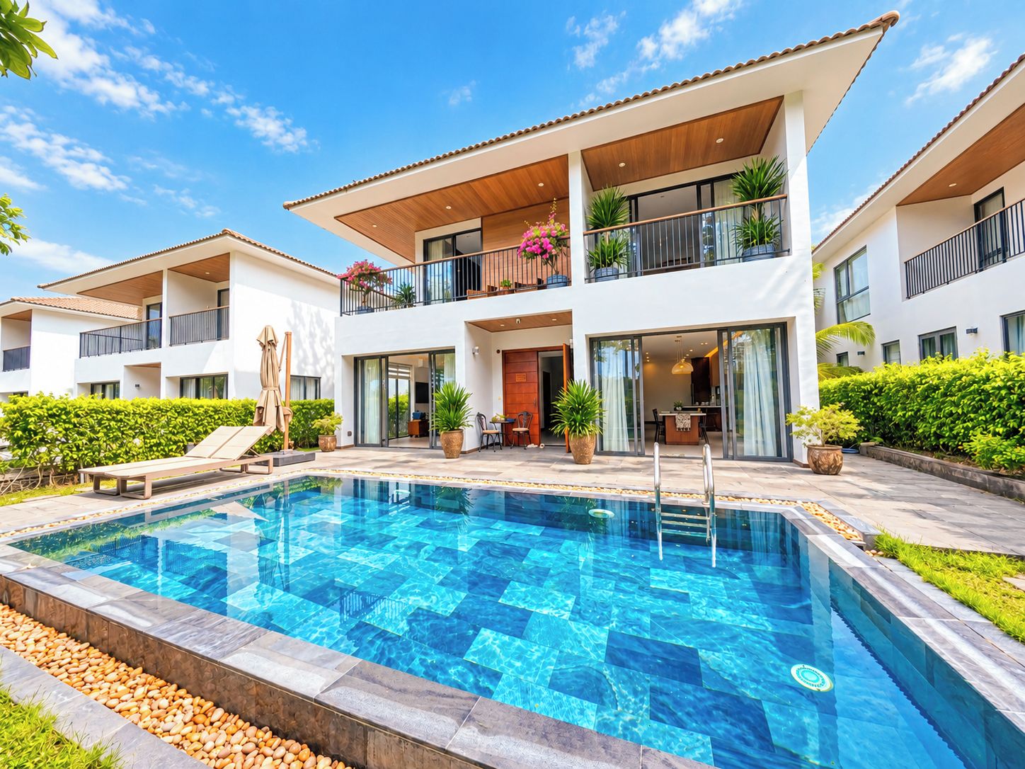 A modern two-story residential building with a swimming pool, outdoor seating, and a well-maintained garden.