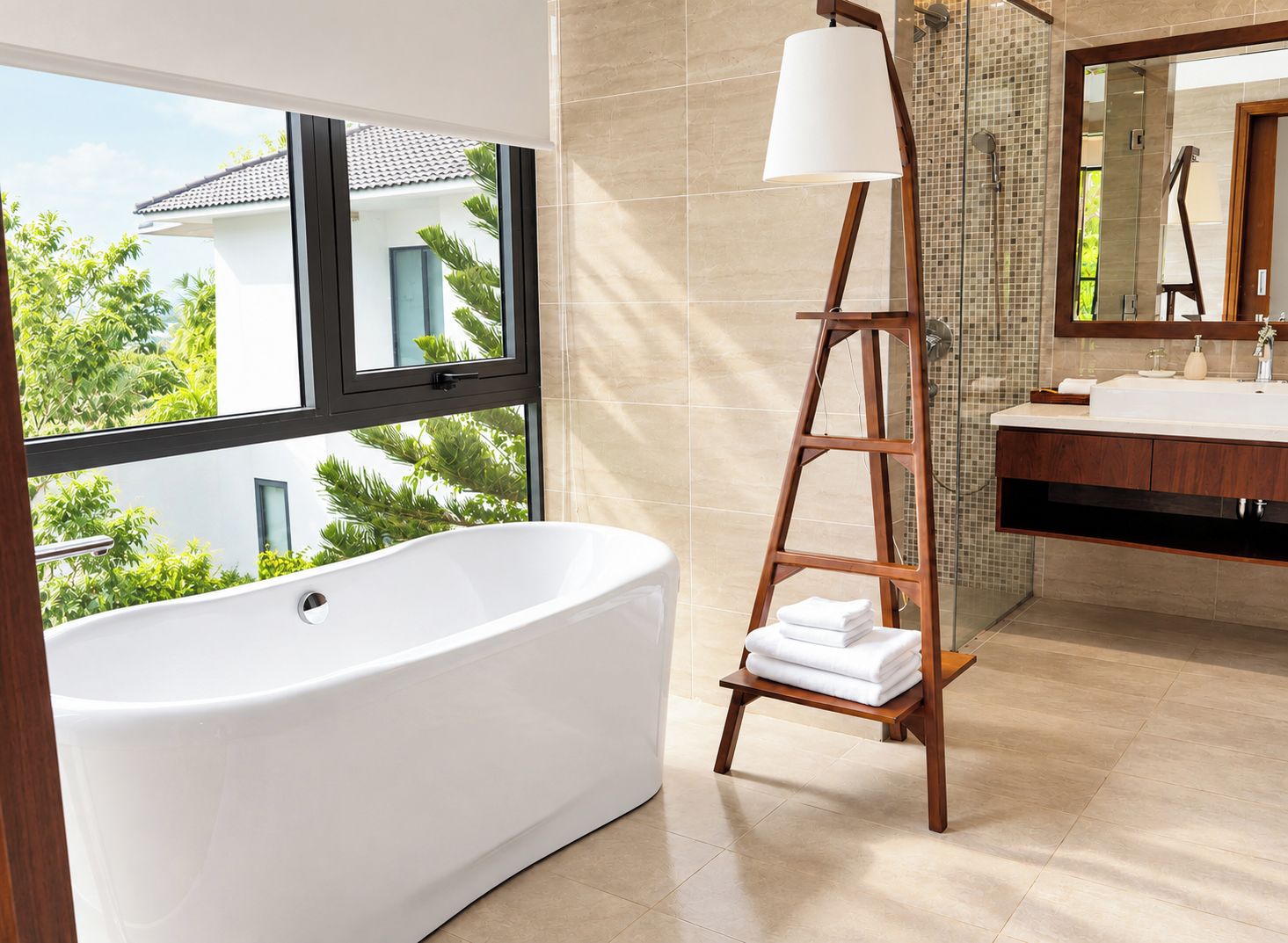 Un baño moderno con una bañera independiente, una escalera de madera con toallas, un ventanal grande y una zona de ducha con azulejos.