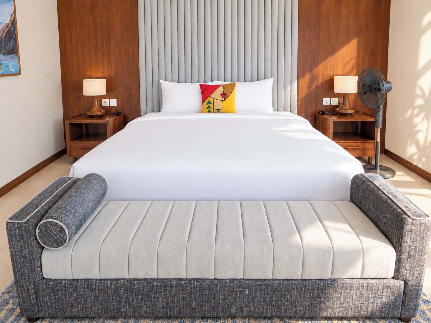 Una cama grande con cabecera, dos mesitas de noche con lámparas y un ventilador de pared.