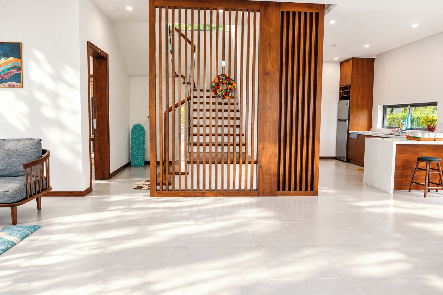 Een modern interieur met een trap, een keukenhoek en een zithoek.