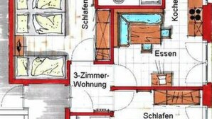 Plano de planta de un apartamento de 3 ambientes, un baño y una cocina.