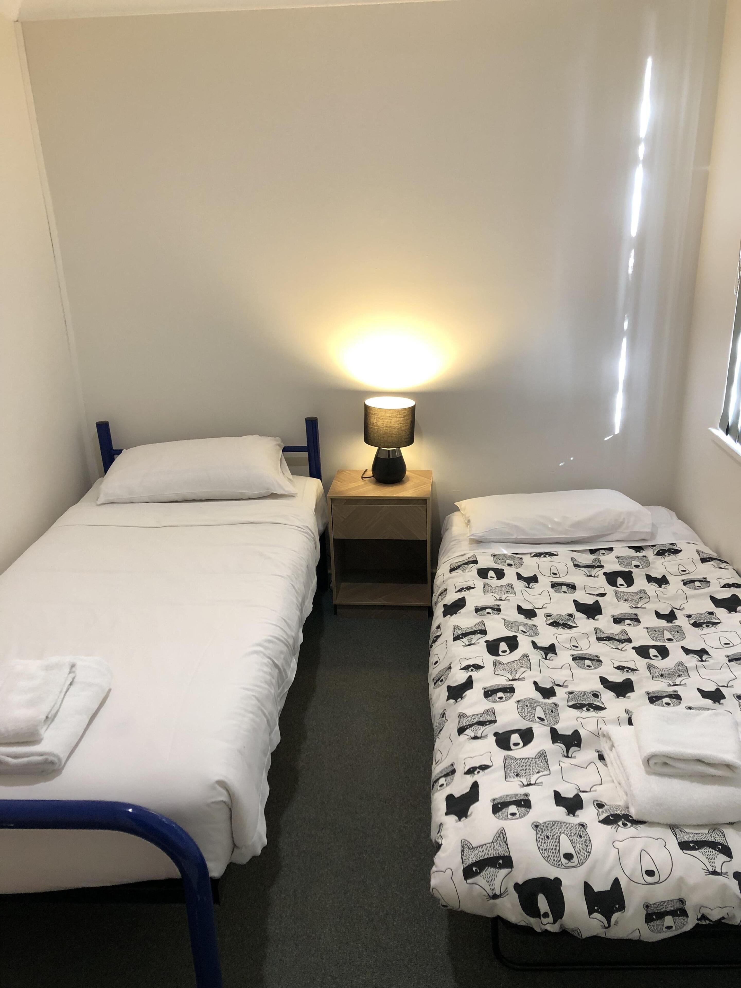 A twin room with two beds, a nightstand with a lamp, and a window.