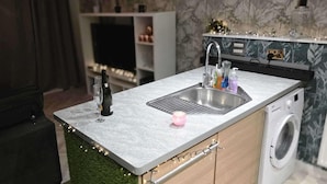 A kitchen with a built-in washing machine, a sink, and a small countertop area. - Pet Friendly 2-bed Apt, Sleeps 3 With Parking (Doncaster)