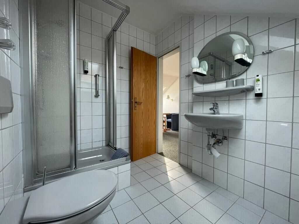 Een badkamer met toilet, douche, wastafel en spiegel.