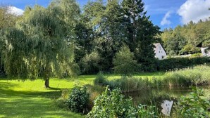 Eine friedliche Landschaft mit Teich, üppigem Grün und einem weißen Gebäude im Hintergrund.