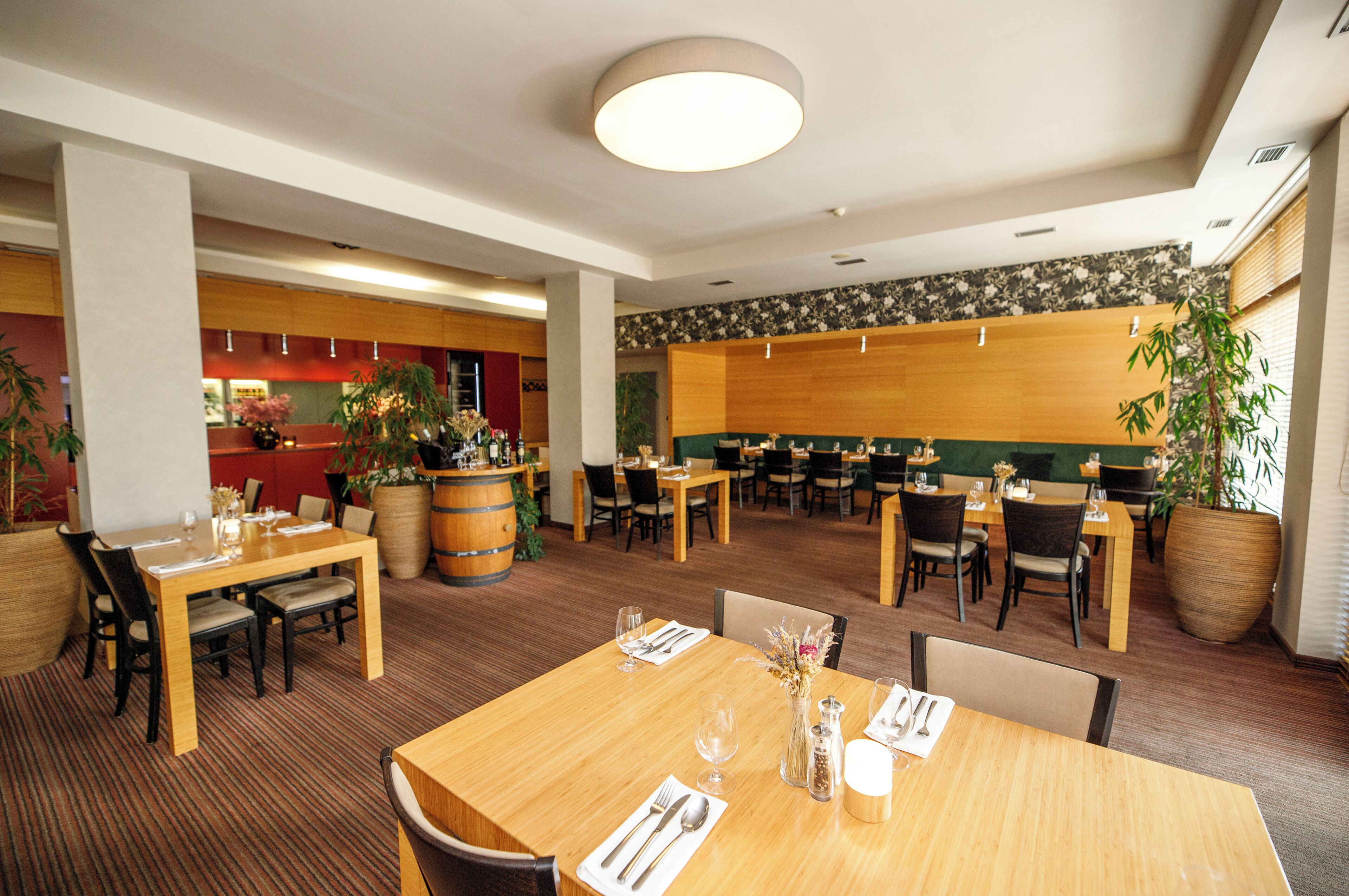 Un restaurant doté de plusieurs tables, de chaises et de plantes en pot.