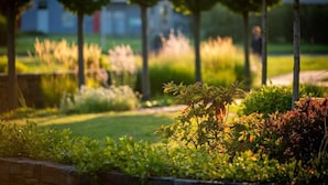 A garden with various plants and trees, a pathway, and a distant building. - Wellness Hotel Abácie Nový Jičín (Novy Jicin)