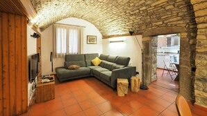 A cozy living room with a stone ceiling, a wooden floor, a grey sofa, and a small wooden table. - Cozy Stone House in the Aragonese Pyrenees (Boltaña)