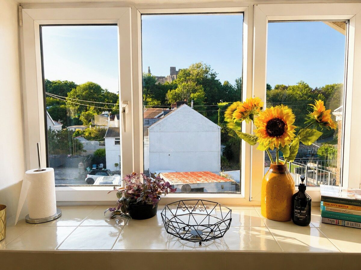 Ein Fenster mit Blick auf ein weißes Gebäude und Bäume, eine Vase mit Sonnenblumen, eine Packung Taschentücher, ein schwarzer Seifenspender und eine Metallschale auf der Fensterbank.