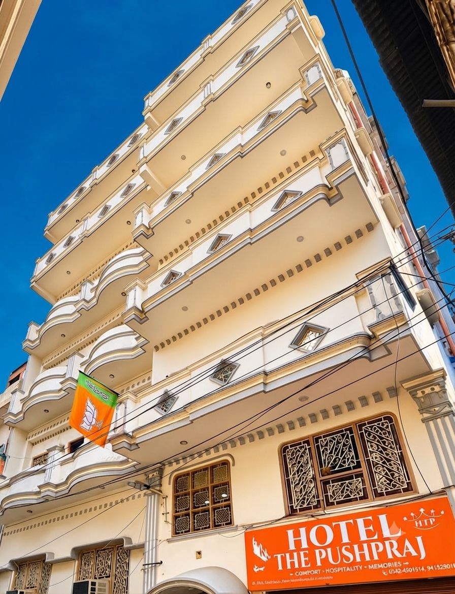 Un edificio de varios pisos con un cartel que dice 'HOTEL THE PUSHPRAJ'.