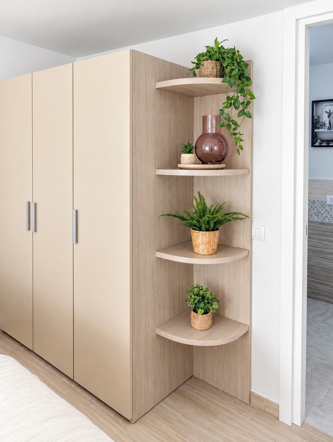 A room with a large wardrobe, a built-in shelf unit with plants, and a framed picture on the wall.