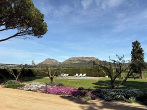 A landscaped garden with a pool, lounge chairs, and a mountain backdrop. - Peace and elegance in a Catalan country house with a pool, 3 km from the beach. (Torroella de Montgrí)