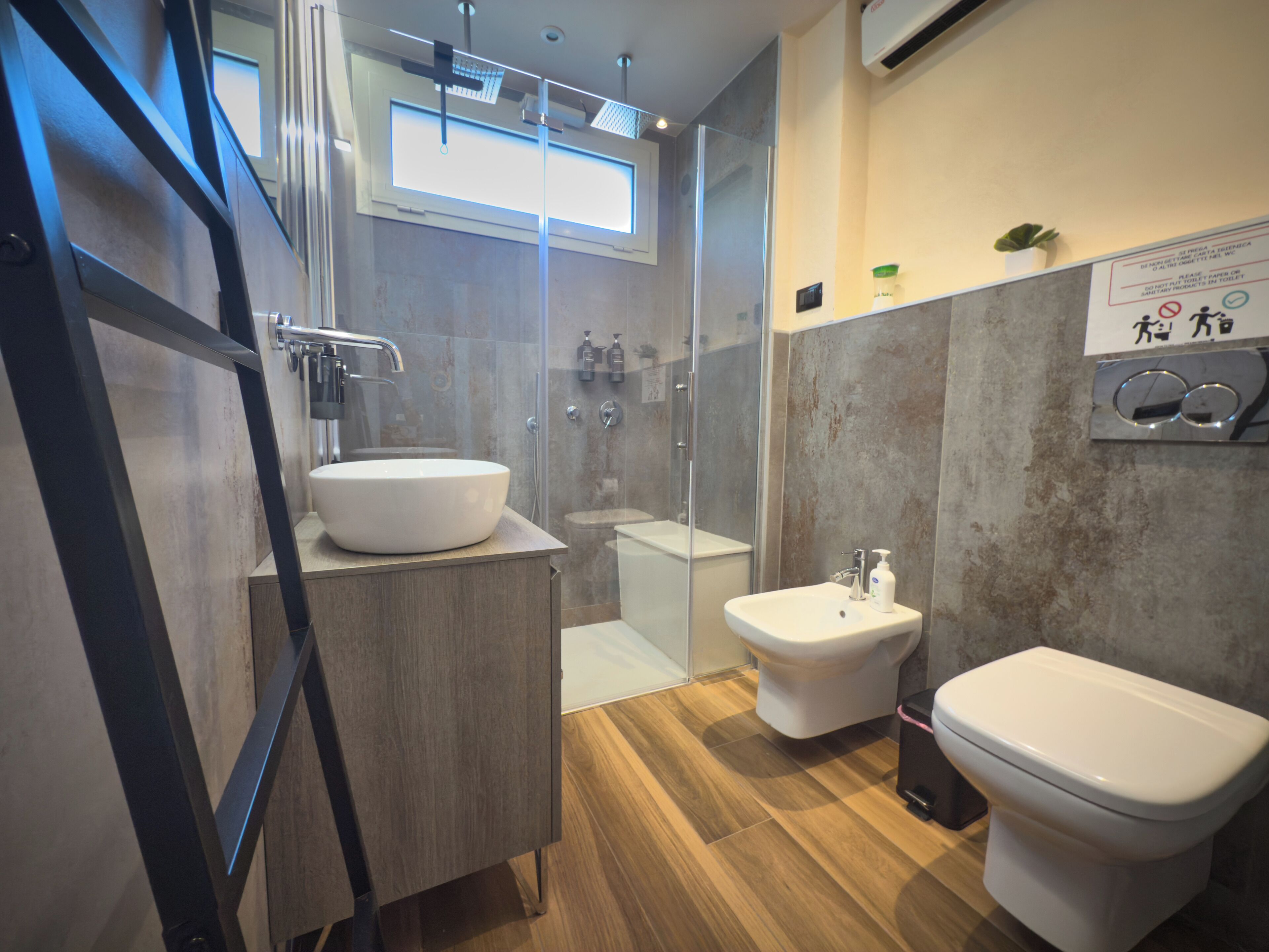 Shower, hair dryer, bidet, towels