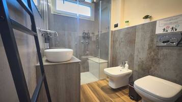 Shower, hair dryer, bidet, towels