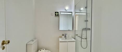 A modern bathroom with a glass-enclosed shower, a sink with a mirror above, a toilet, and a trash bin.