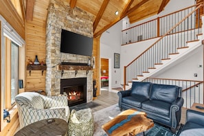 Smart TV, chimenea, libros y biblioteca musical 