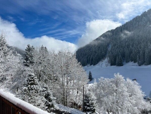 A snowy landscape with a mountain in the background and a wooden structure in the foreground.