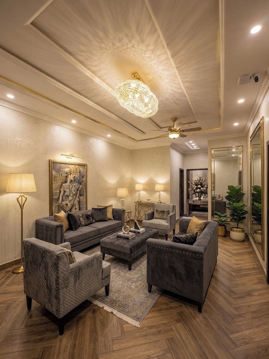 Un salon moderne avec un canapé d’angle, des fauteuils, une table basse et un lustre.