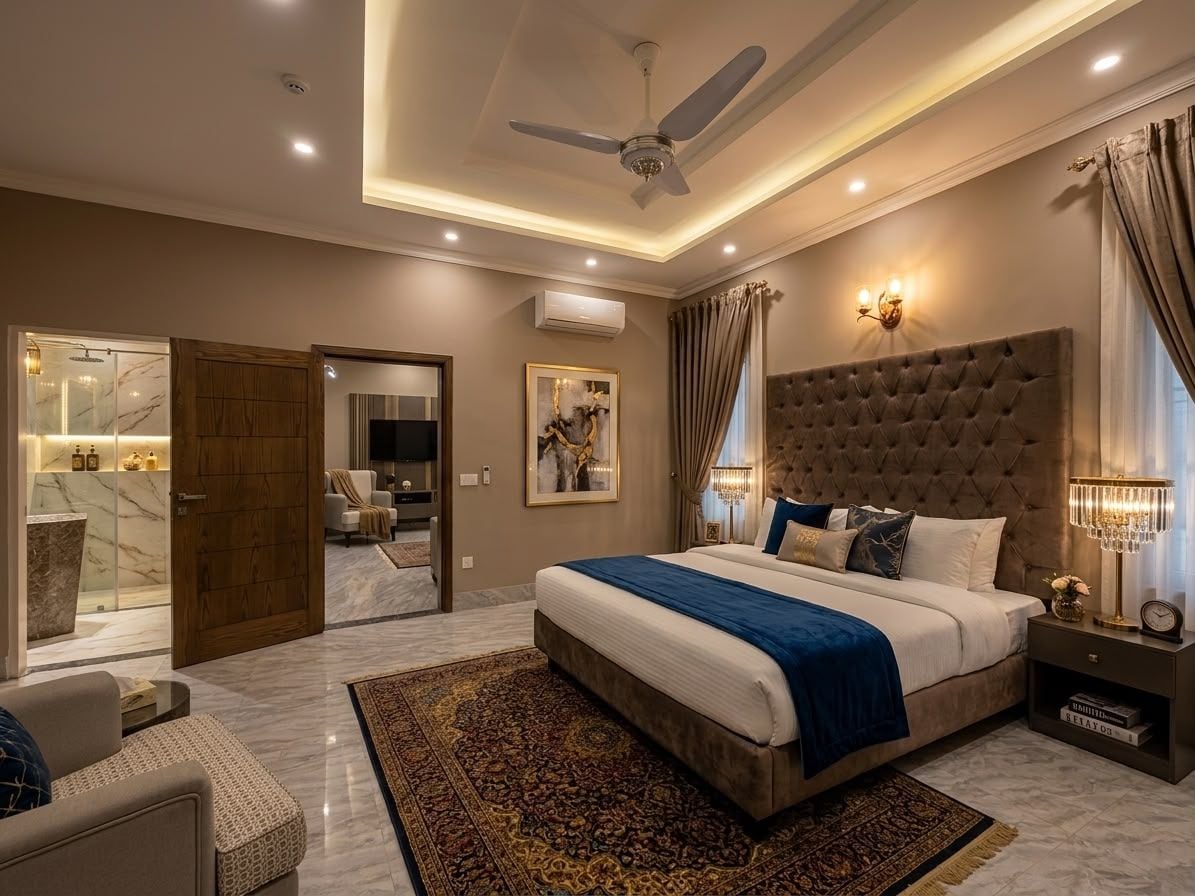 Quarto moderno com cama grande, ventoinha no teto, mesa de cabeceira e vista para um banheiro.