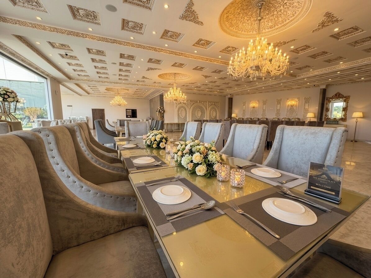 Un comedor formal con una larga mesa, asientos acolchados, candelabros y detalles decorativos en el techo.
