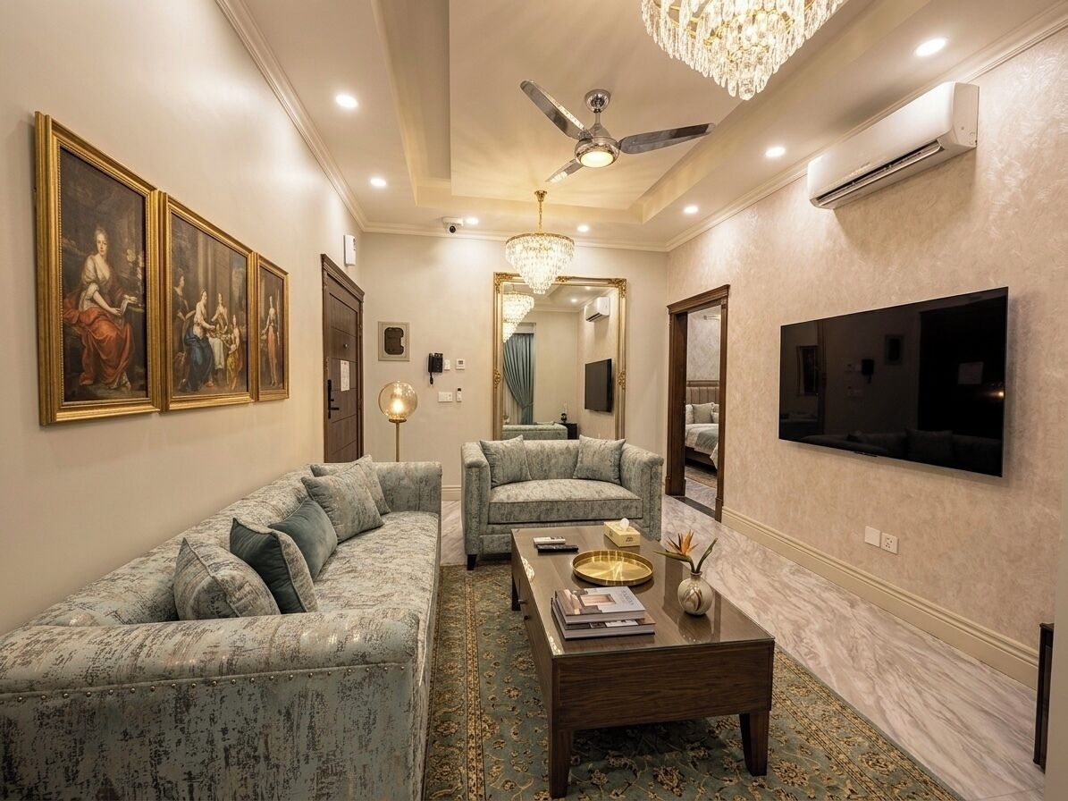 A living room with a sofa, a coffee table, a TV, and framed artwork on the wall.